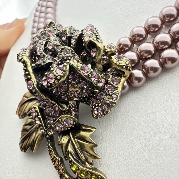 Heidi Daus Necklace Purple Blooming Rose Crystal Pearl Flower Triple Strand - Picture 6 of 13